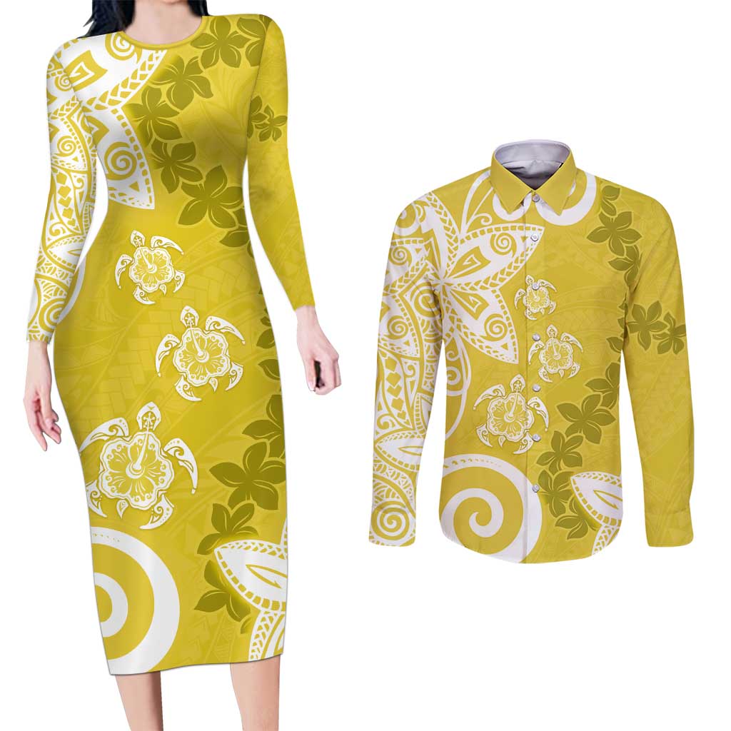 Polynesia Couples Matching Long Sleeve Bodycon Dress and Long Sleeve Button Shirt Yellow Tribal Turtle Floral Pattern LT05 Yellow - Polynesian Pride