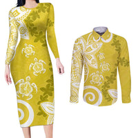 Polynesia Couples Matching Long Sleeve Bodycon Dress and Long Sleeve Button Shirt Yellow Tribal Turtle Floral Pattern LT05 Yellow - Polynesian Pride
