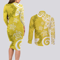 Polynesia Couples Matching Long Sleeve Bodycon Dress and Long Sleeve Button Shirt Yellow Tribal Turtle Floral Pattern LT05 - Polynesian Pride