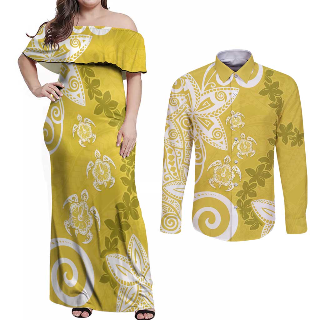 Polynesia Couples Matching Off Shoulder Maxi Dress and Long Sleeve Button Shirt Yellow Tribal Turtle Floral Pattern LT05 Yellow - Polynesian Pride