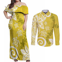 Polynesia Couples Matching Off Shoulder Maxi Dress and Long Sleeve Button Shirt Yellow Tribal Turtle Floral Pattern LT05 Yellow - Polynesian Pride
