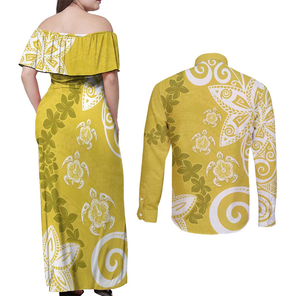 Polynesia Couples Matching Off Shoulder Maxi Dress and Long Sleeve Button Shirt Yellow Tribal Turtle Floral Pattern LT05 - Polynesian Pride