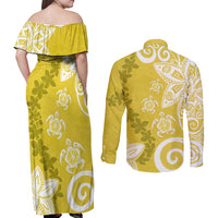 Polynesia Couples Matching Off Shoulder Maxi Dress and Long Sleeve Button Shirt Yellow Tribal Turtle Floral Pattern LT05 - Polynesian Pride