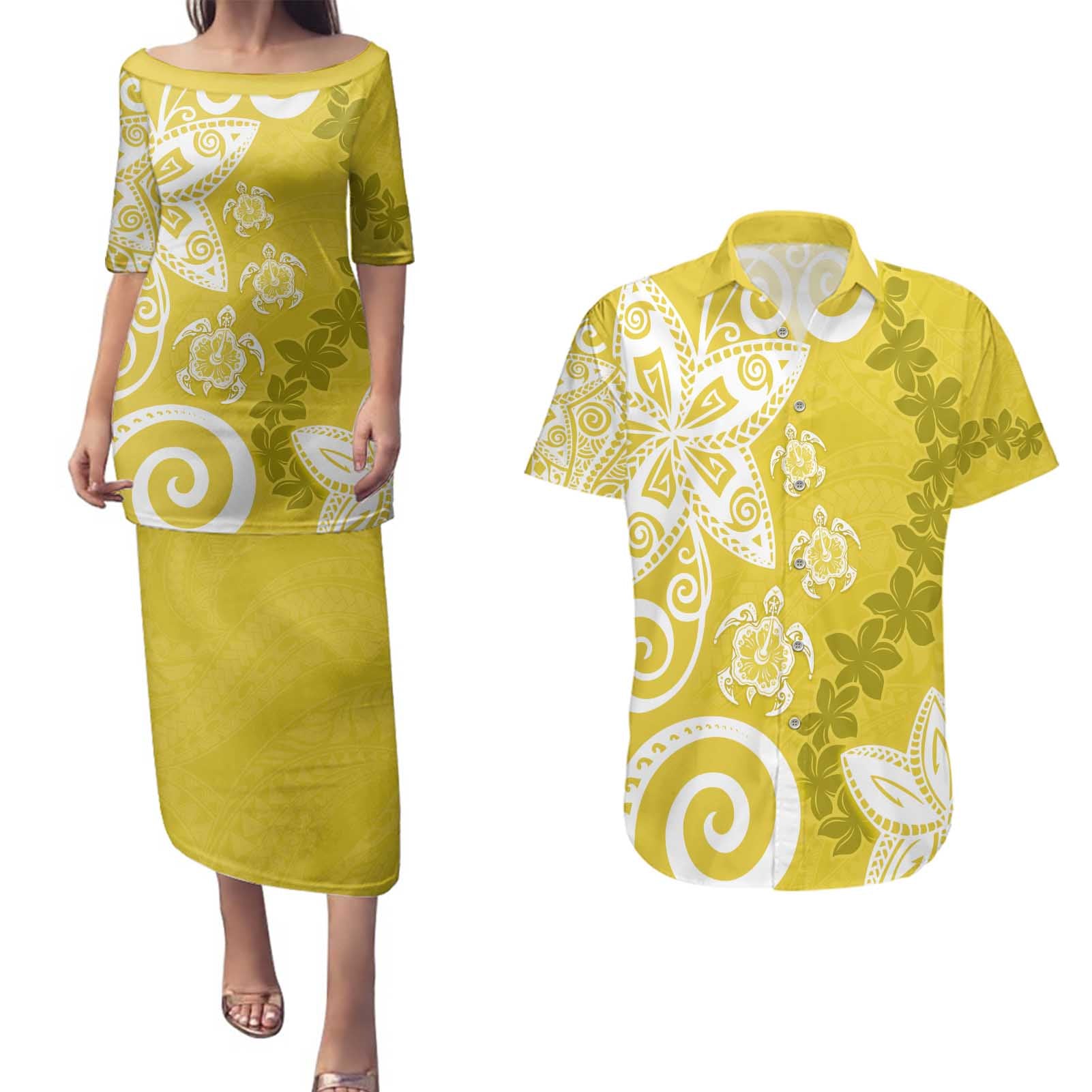 Polynesia Couples Matching Puletasi and Hawaiian Shirt Yellow Tribal Turtle Floral Pattern