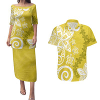 Polynesia Couples Matching Puletasi and Hawaiian Shirt Yellow Tribal Turtle Floral Pattern
