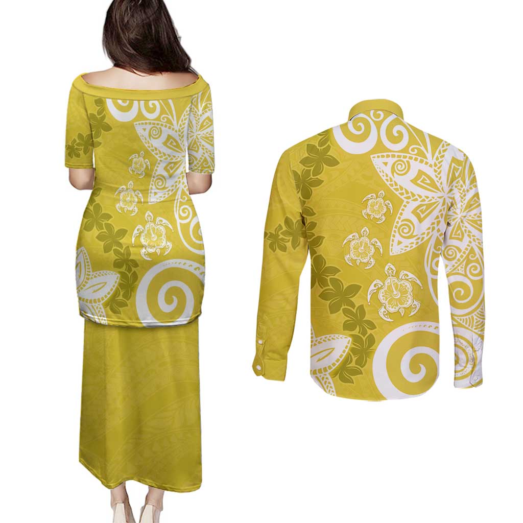 Polynesia Couples Matching Puletasi and Long Sleeve Button Shirt Yellow Tribal Turtle Floral Pattern LT05 - Polynesian Pride