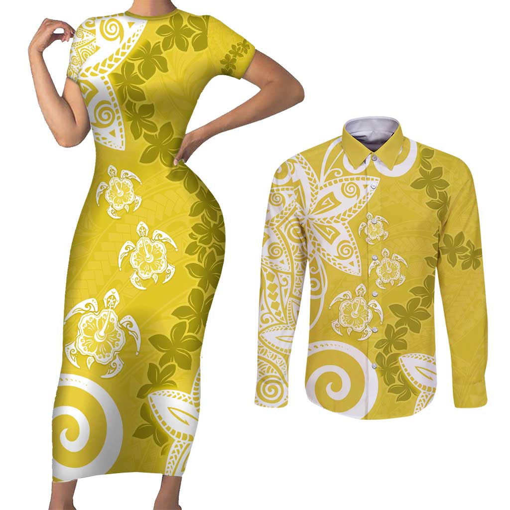 Polynesia Couples Matching Short Sleeve Bodycon Dress and Long Sleeve Button Shirt Yellow Tribal Turtle Floral Pattern LT05 Yellow - Polynesian Pride