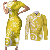 Polynesia Couples Matching Short Sleeve Bodycon Dress and Long Sleeve Button Shirt Yellow Tribal Turtle Floral Pattern LT05 Yellow - Polynesian Pride