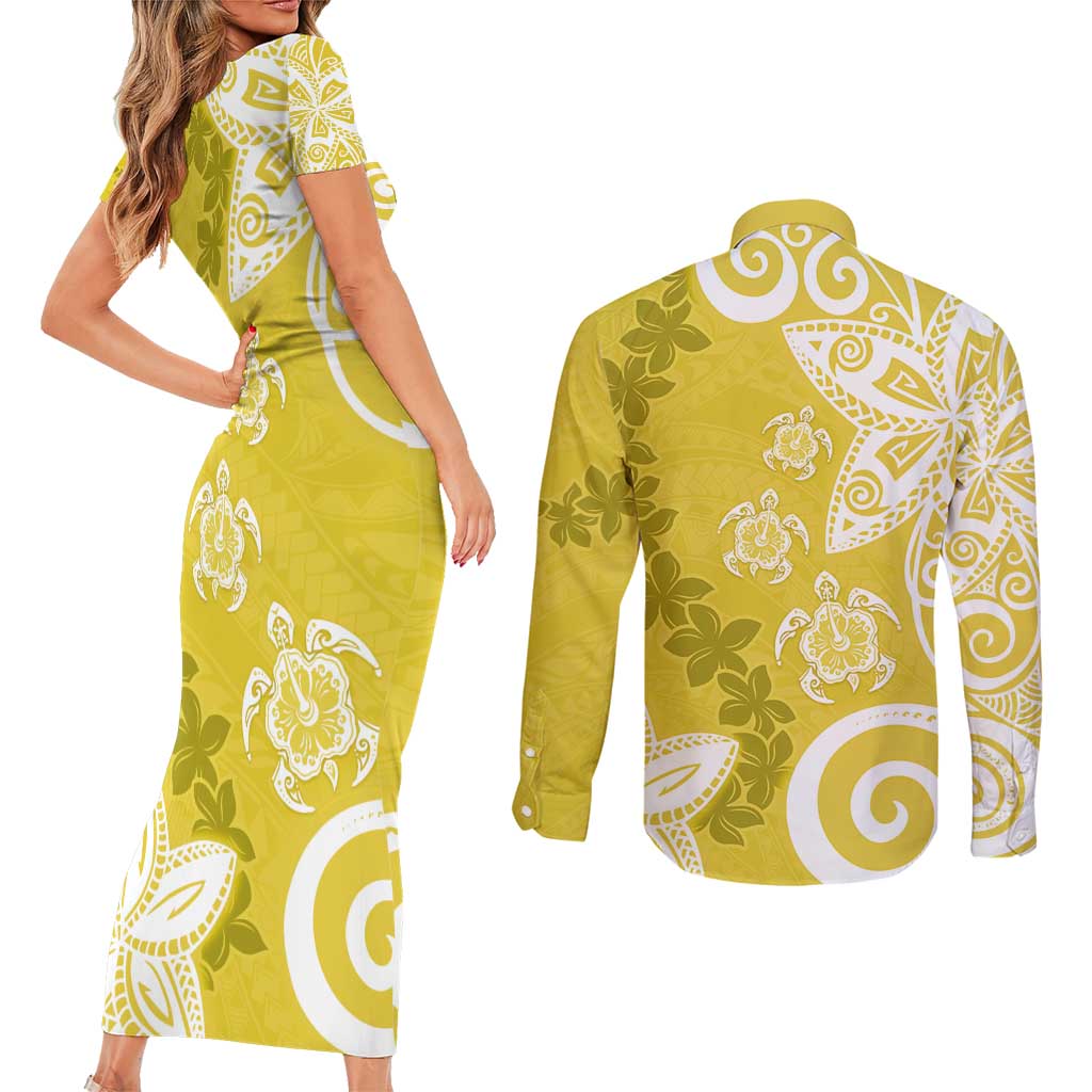 Polynesia Couples Matching Short Sleeve Bodycon Dress and Long Sleeve Button Shirt Yellow Tribal Turtle Floral Pattern LT05 - Polynesian Pride