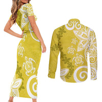 Polynesia Couples Matching Short Sleeve Bodycon Dress and Long Sleeve Button Shirt Yellow Tribal Turtle Floral Pattern LT05 - Polynesian Pride