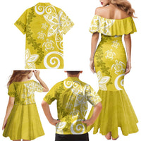 Polynesia Family Matching Mermaid Dress and Hawaiian Shirt Yellow Tribal Turtle Floral Pattern
