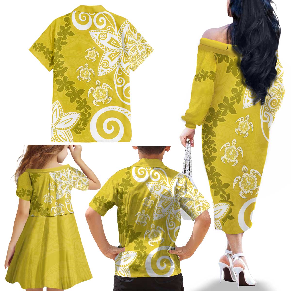 Polynesia Family Matching Off The Shoulder Long Sleeve Dress and Hawaiian Shirt Yellow Tribal Turtle Floral Pattern