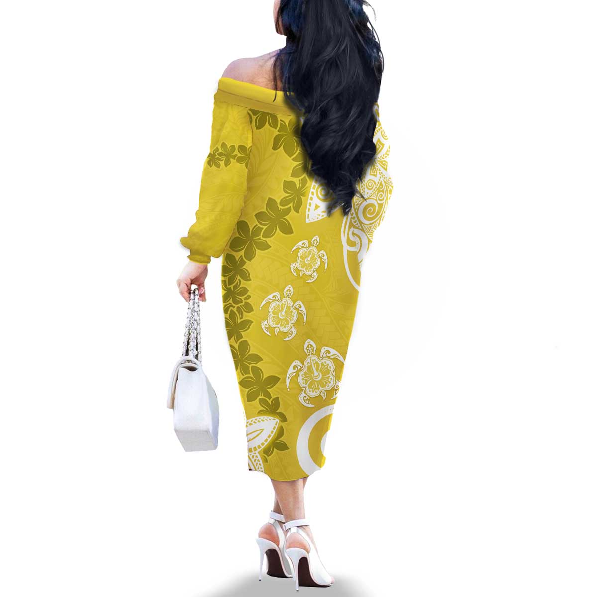 Polynesia Family Matching Off The Shoulder Long Sleeve Dress and Hawaiian Shirt Yellow Tribal Turtle Floral Pattern