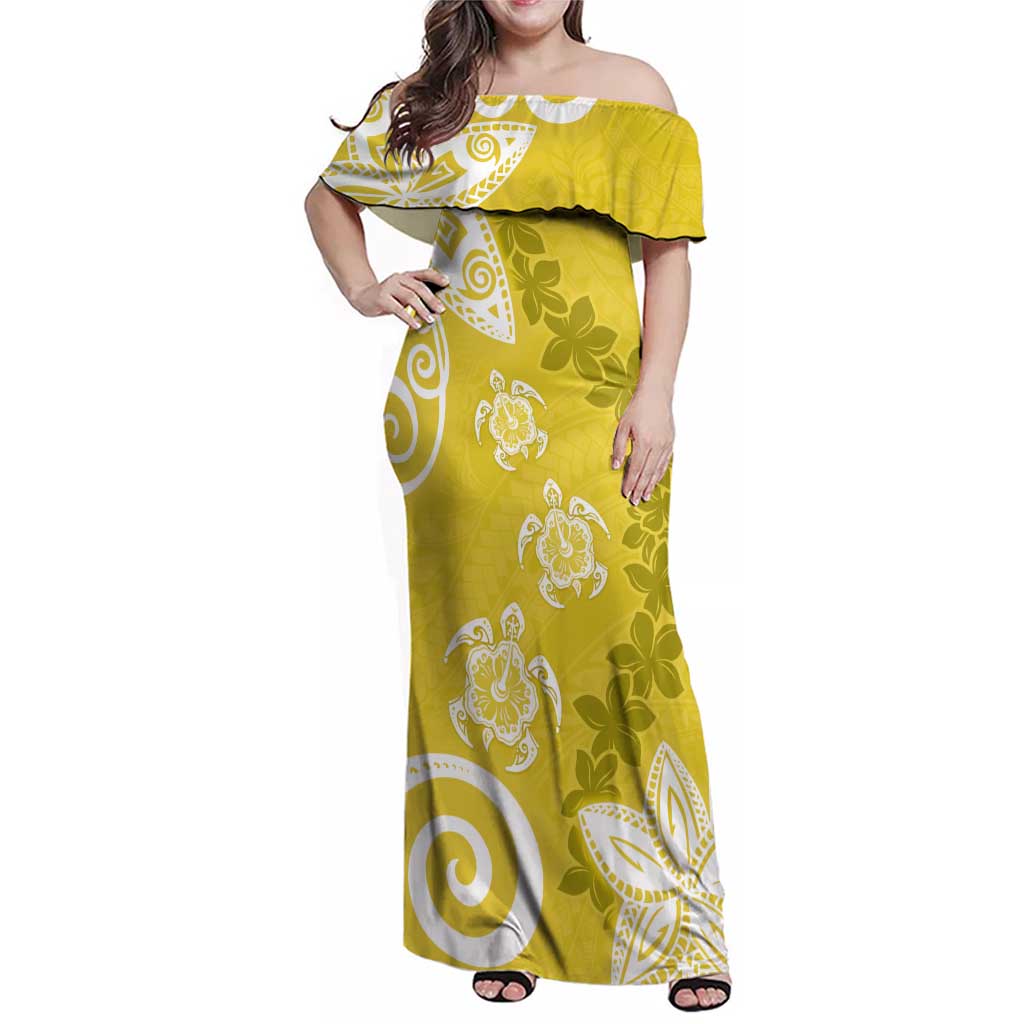 Polynesia Family Matching Off Shoulder Maxi Dress and Hawaiian Shirt Yellow Tribal Turtle Floral Pattern