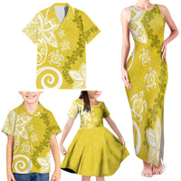 Polynesia Family Matching Tank Maxi Dress and Hawaiian Shirt Yellow Tribal Turtle Floral Pattern