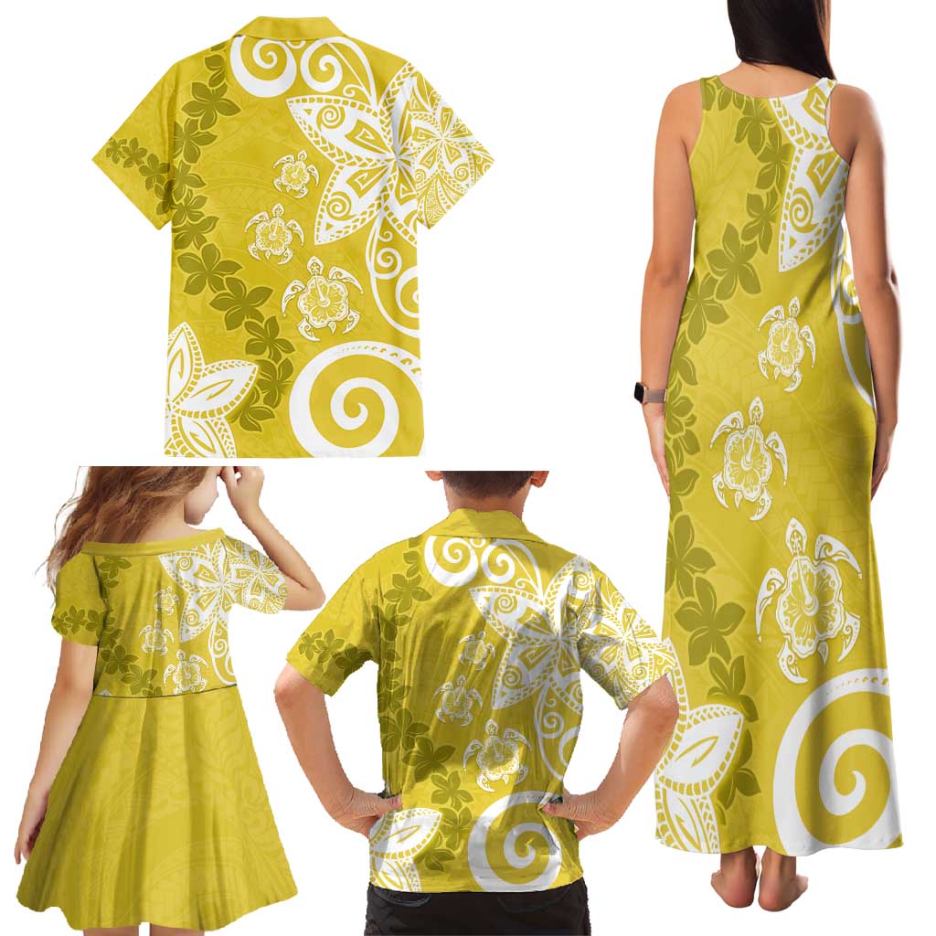 Polynesia Family Matching Tank Maxi Dress and Hawaiian Shirt Yellow Tribal Turtle Floral Pattern
