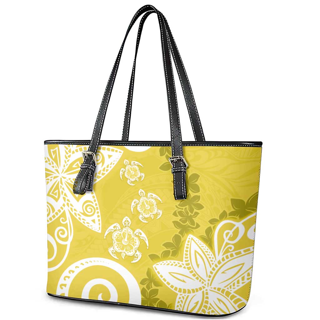 Polynesia Leather Tote Bag Yellow Tribal Turtle Floral Pattern