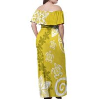 Polynesia Off Shoulder Maxi Dress Yellow Tribal Turtle Floral Pattern