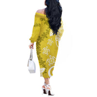 Polynesia Off The Shoulder Long Sleeve Dress Yellow Tribal Turtle Floral Pattern LT05 - Polynesian Pride