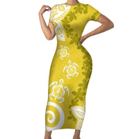 Polynesia Short Sleeve Bodycon Dress Yellow Tribal Turtle Floral Pattern LT05 Long Dress Yellow - Polynesian Pride
