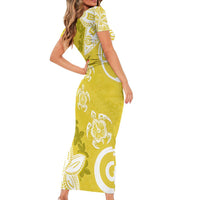 Polynesia Short Sleeve Bodycon Dress Yellow Tribal Turtle Floral Pattern LT05 - Polynesian Pride