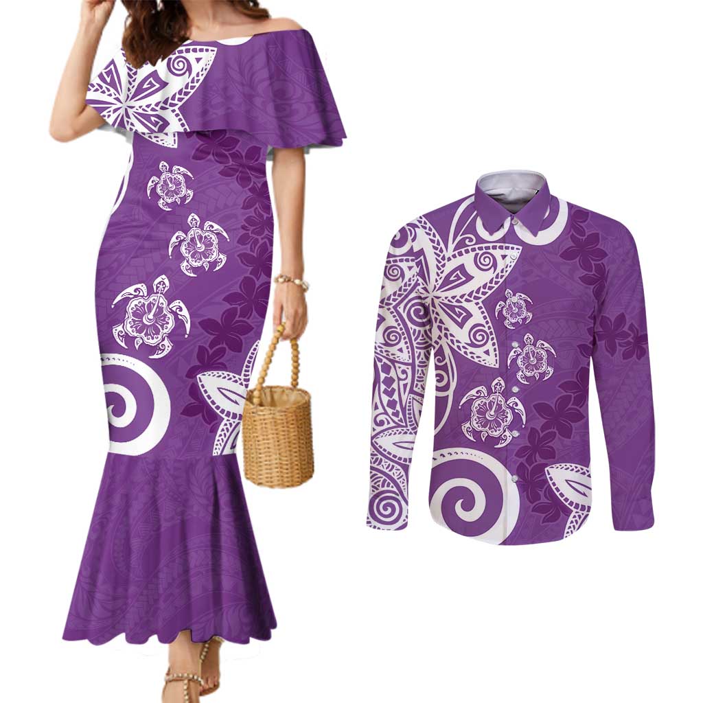 Polynesia Couples Matching Mermaid Dress and Long Sleeve Button Shirt Purple Tribal Turtle Floral Pattern LT05 Purple - Polynesian Pride
