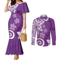 Polynesia Couples Matching Mermaid Dress and Long Sleeve Button Shirt Purple Tribal Turtle Floral Pattern LT05 Purple - Polynesian Pride