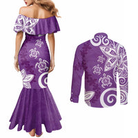 Polynesia Couples Matching Mermaid Dress and Long Sleeve Button Shirt Purple Tribal Turtle Floral Pattern LT05 - Polynesian Pride