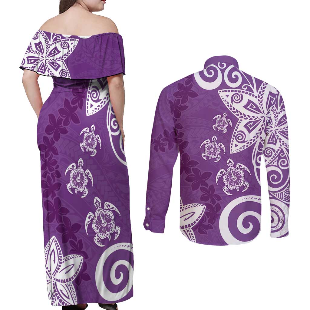 Polynesia Couples Matching Off Shoulder Maxi Dress and Long Sleeve Button Shirt Purple Tribal Turtle Floral Pattern LT05 - Polynesian Pride
