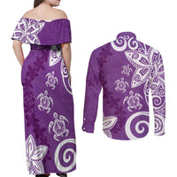Polynesia Couples Matching Off Shoulder Maxi Dress and Long Sleeve Button Shirt Purple Tribal Turtle Floral Pattern LT05 - Polynesian Pride