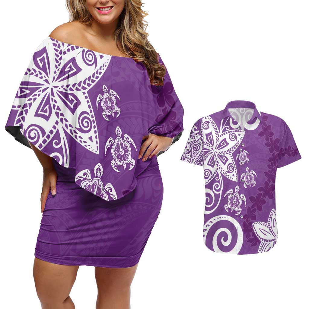 Polynesia Couples Matching Off Shoulder Short Dress and Hawaiian Shirt Purple Tribal Turtle Floral Pattern