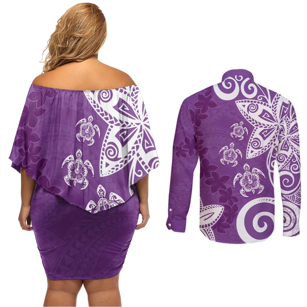 Polynesia Couples Matching Off Shoulder Short Dress and Long Sleeve Button Shirt Purple Tribal Turtle Floral Pattern LT05 - Polynesian Pride