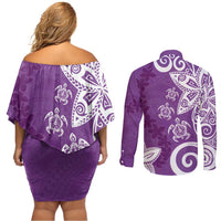 Polynesia Couples Matching Off Shoulder Short Dress and Long Sleeve Button Shirt Purple Tribal Turtle Floral Pattern LT05 - Polynesian Pride
