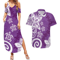 Polynesia Couples Matching Summer Maxi Dress and Hawaiian Shirt Purple Tribal Turtle Floral Pattern