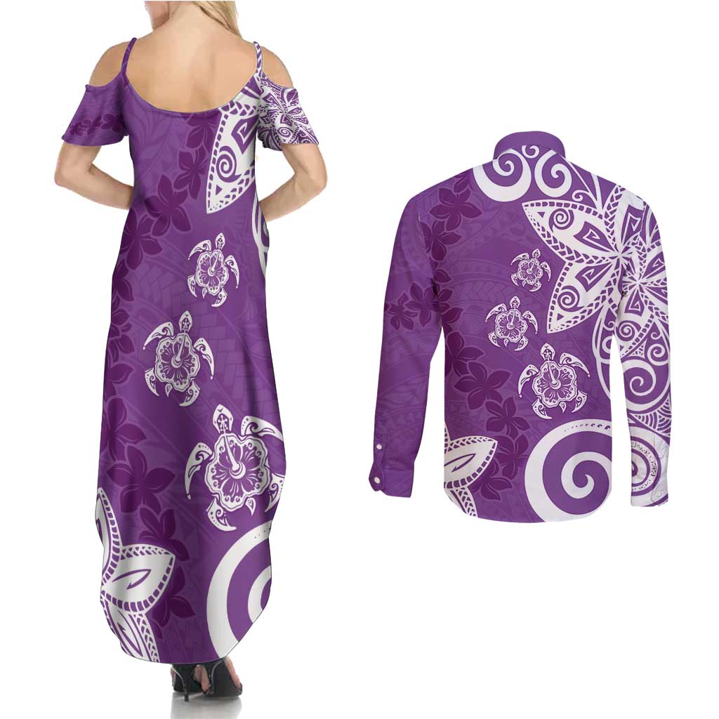 Polynesia Couples Matching Summer Maxi Dress and Long Sleeve Button Shirt Purple Tribal Turtle Floral Pattern LT05 - Polynesian Pride