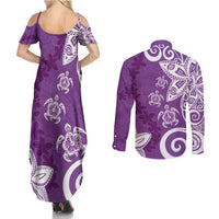 Polynesia Couples Matching Summer Maxi Dress and Long Sleeve Button Shirt Purple Tribal Turtle Floral Pattern LT05 - Polynesian Pride
