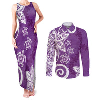Polynesia Couples Matching Tank Maxi Dress and Long Sleeve Button Shirt Purple Tribal Turtle Floral Pattern LT05 Purple - Polynesian Pride