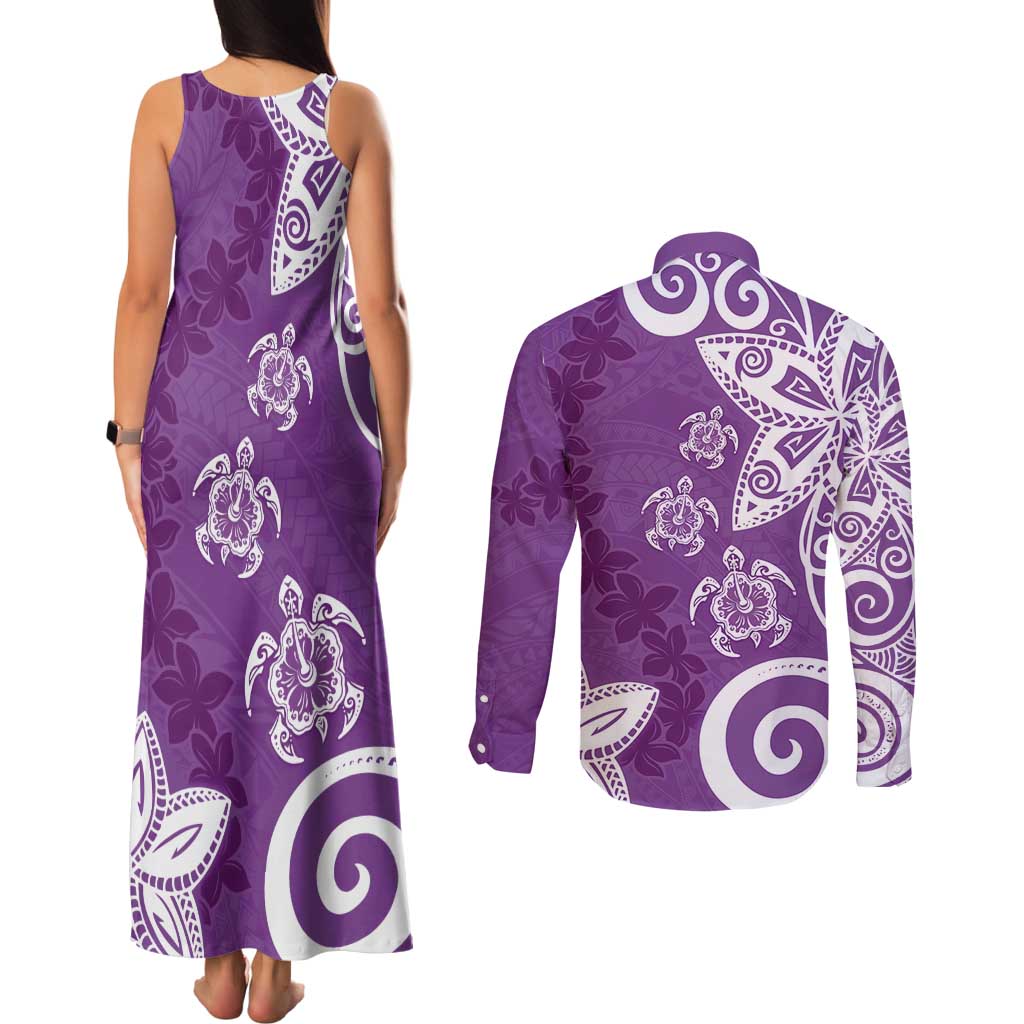 Polynesia Couples Matching Tank Maxi Dress and Long Sleeve Button Shirt Purple Tribal Turtle Floral Pattern LT05 - Polynesian Pride