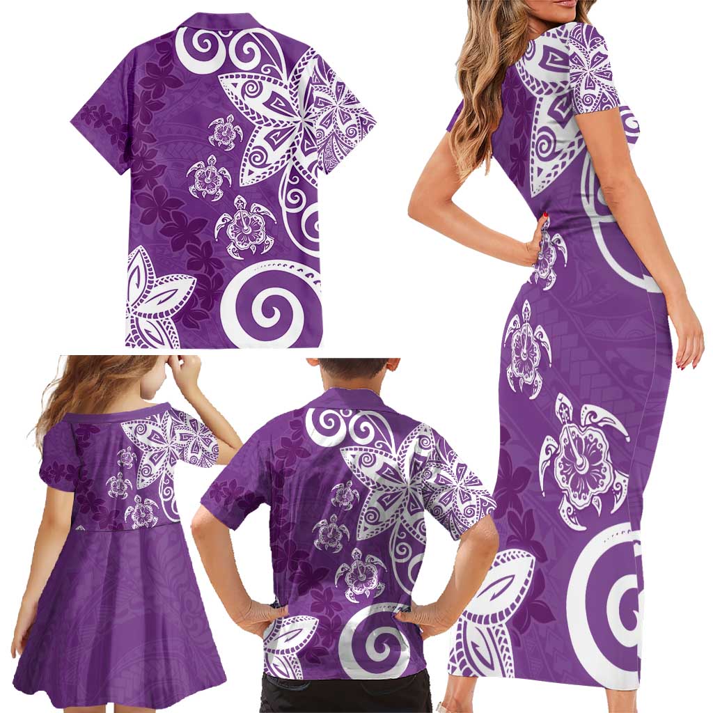 Polynesia Family Matching Short Sleeve Bodycon Dress and Hawaiian Shirt Purple Tribal Turtle Floral Pattern