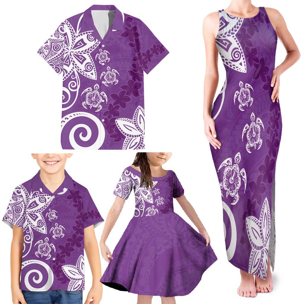 Polynesia Family Matching Tank Maxi Dress and Hawaiian Shirt Purple Tribal Turtle Floral Pattern