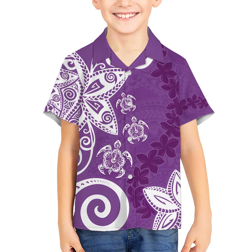 Polynesia Kid Hawaiian Shirt Purple Tribal Turtle Floral Pattern