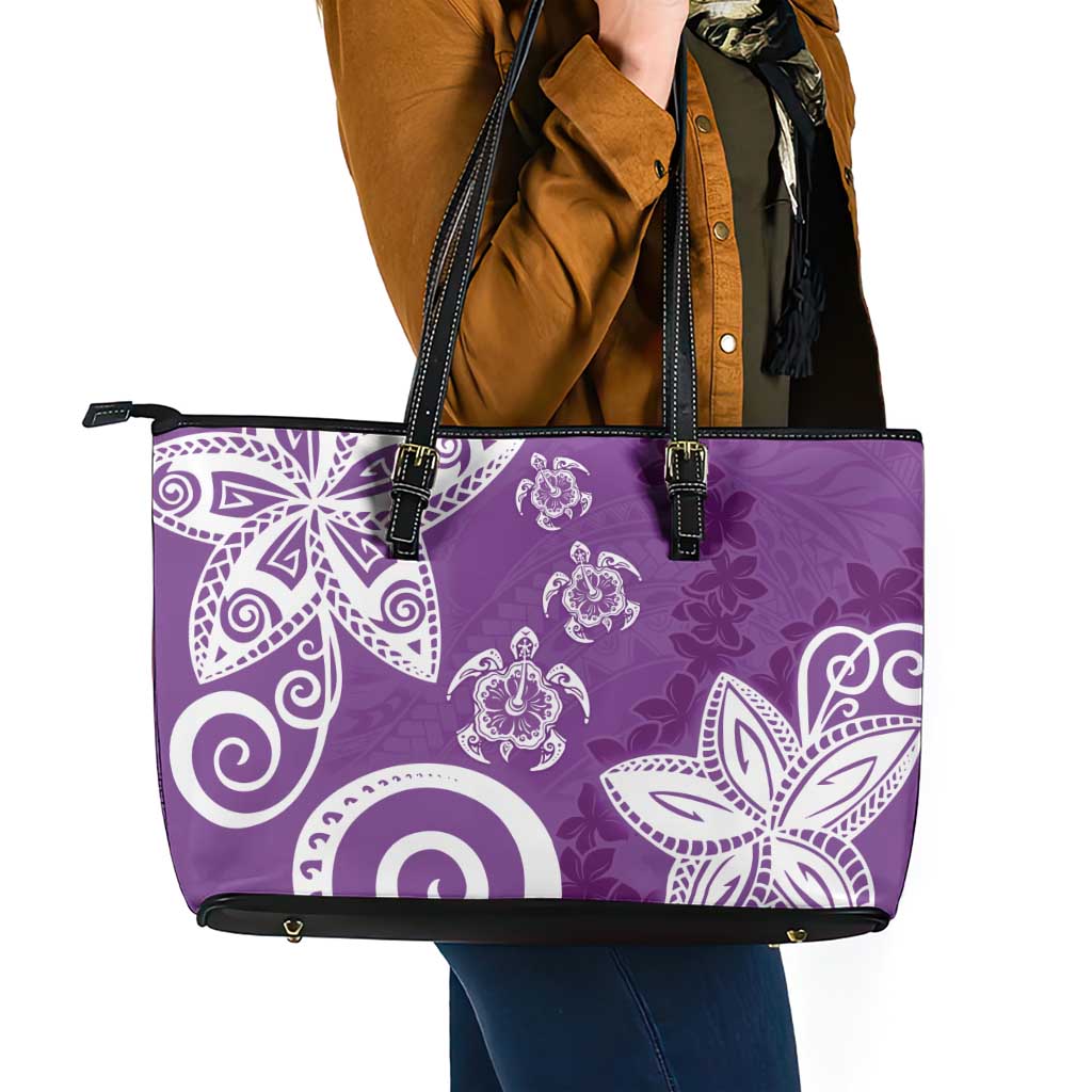 Polynesia Leather Tote Bag Purple Tribal Turtle Floral Pattern