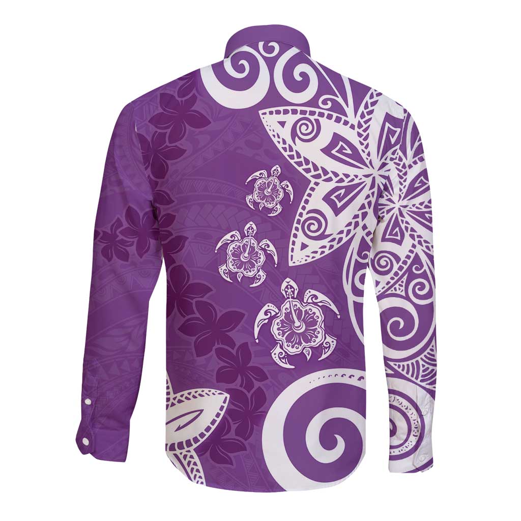 Polynesia Long Sleeve Button Shirt Purple Tribal Turtle Floral Pattern