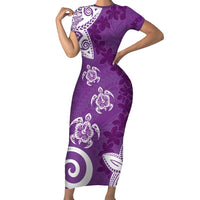Polynesia Short Sleeve Bodycon Dress Purple Tribal Turtle Floral Pattern LT05 Long Dress Purple - Polynesian Pride