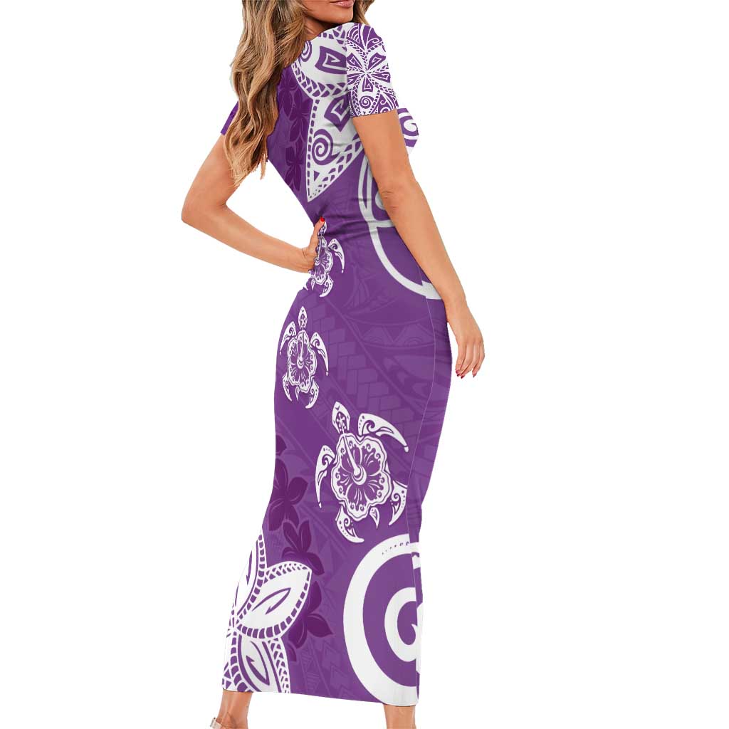 Polynesia Short Sleeve Bodycon Dress Purple Tribal Turtle Floral Pattern LT05 - Polynesian Pride