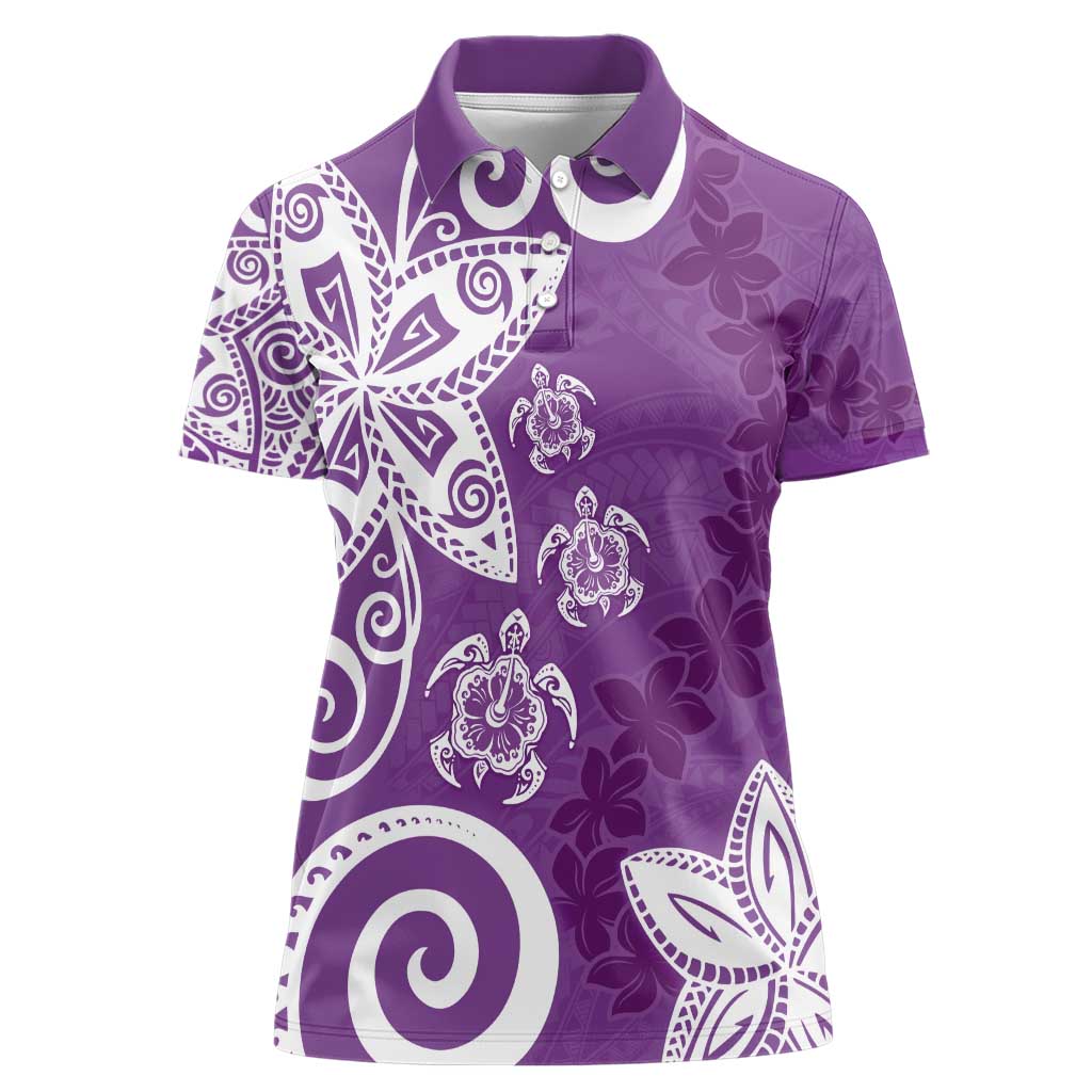 Polynesia Women Polo Shirt Purple Tribal Turtle Floral Pattern