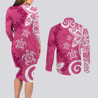 Polynesia Couples Matching Long Sleeve Bodycon Dress and Long Sleeve Button Shirt Pink Tribal Turtle Floral Pattern LT05 - Polynesian Pride