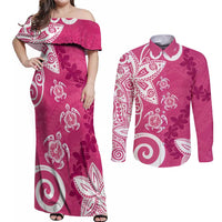 Polynesia Couples Matching Off Shoulder Maxi Dress and Long Sleeve Button Shirt Pink Tribal Turtle Floral Pattern LT05 Pink - Polynesian Pride