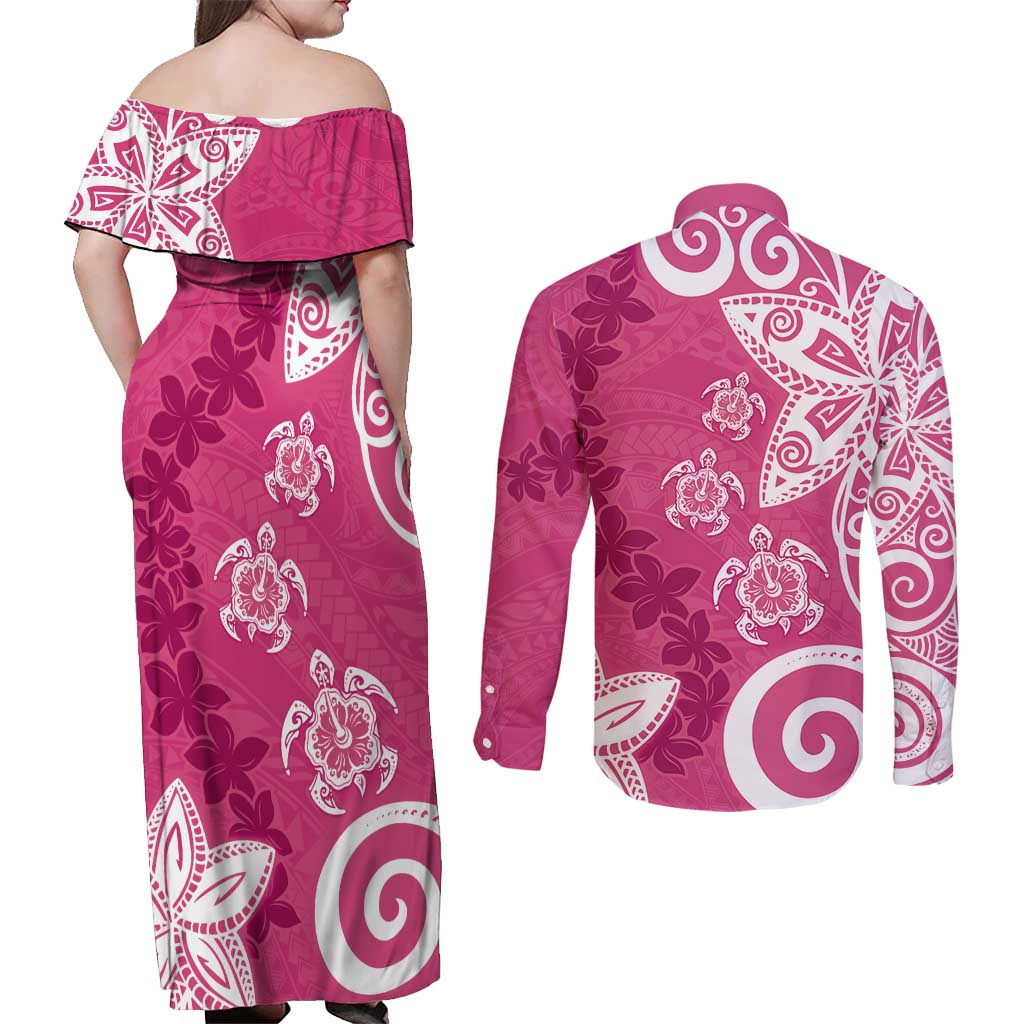 Polynesia Couples Matching Off Shoulder Maxi Dress and Long Sleeve Button Shirt Pink Tribal Turtle Floral Pattern LT05 - Polynesian Pride