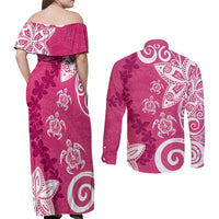 Polynesia Couples Matching Off Shoulder Maxi Dress and Long Sleeve Button Shirt Pink Tribal Turtle Floral Pattern LT05 - Polynesian Pride